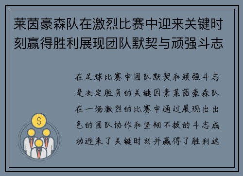 莱茵豪森队在激烈比赛中迎来关键时刻赢得胜利展现团队默契与顽强斗志