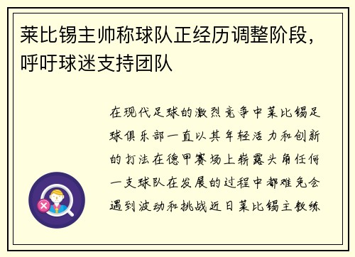 莱比锡主帅称球队正经历调整阶段，呼吁球迷支持团队
