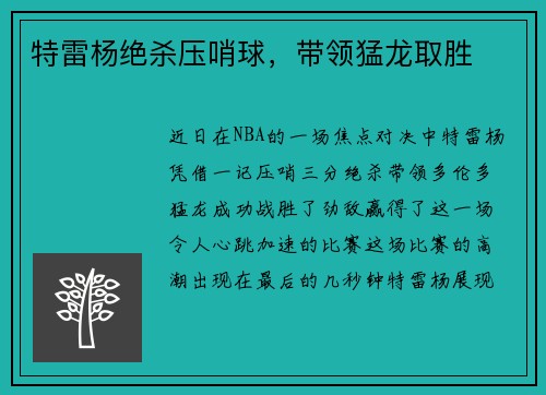 特雷杨绝杀压哨球，带领猛龙取胜