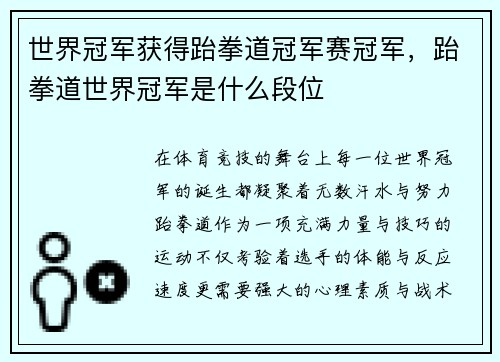 世界冠军获得跆拳道冠军赛冠军，跆拳道世界冠军是什么段位