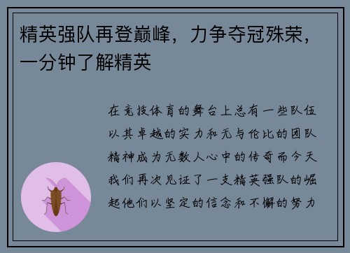 精英强队再登巅峰，力争夺冠殊荣，一分钟了解精英