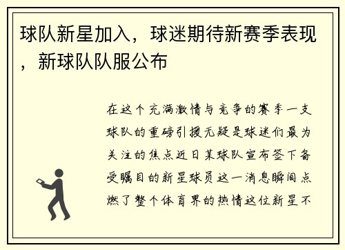 球队新星加入，球迷期待新赛季表现，新球队队服公布