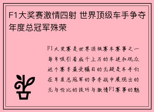 F1大奖赛激情四射 世界顶级车手争夺年度总冠军殊荣