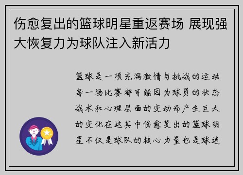 伤愈复出的篮球明星重返赛场 展现强大恢复力为球队注入新活力