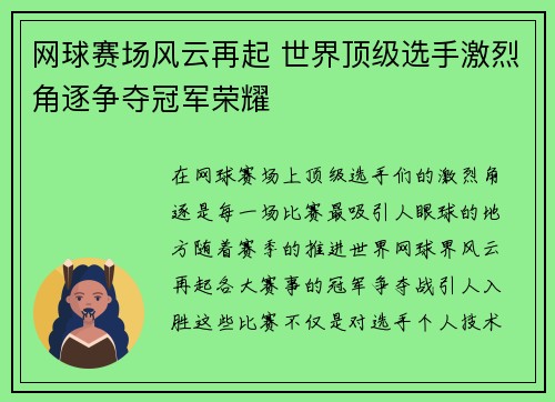 网球赛场风云再起 世界顶级选手激烈角逐争夺冠军荣耀