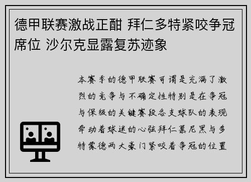德甲联赛激战正酣 拜仁多特紧咬争冠席位 沙尔克显露复苏迹象