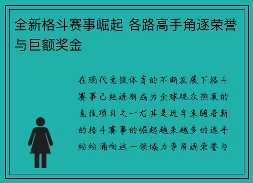 全新格斗赛事崛起 各路高手角逐荣誉与巨额奖金