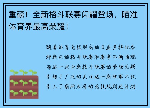 重磅！全新格斗联赛闪耀登场，瞄准体育界最高荣耀！