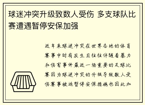 球迷冲突升级致数人受伤 多支球队比赛遭遇暂停安保加强